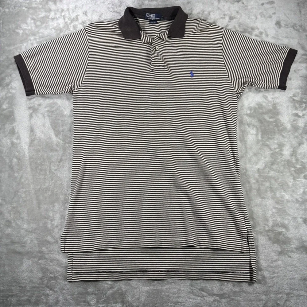 Polo Ralph Lauren Mens Medium Brown White Striped Short Sleeve Polo Shirt Cotton